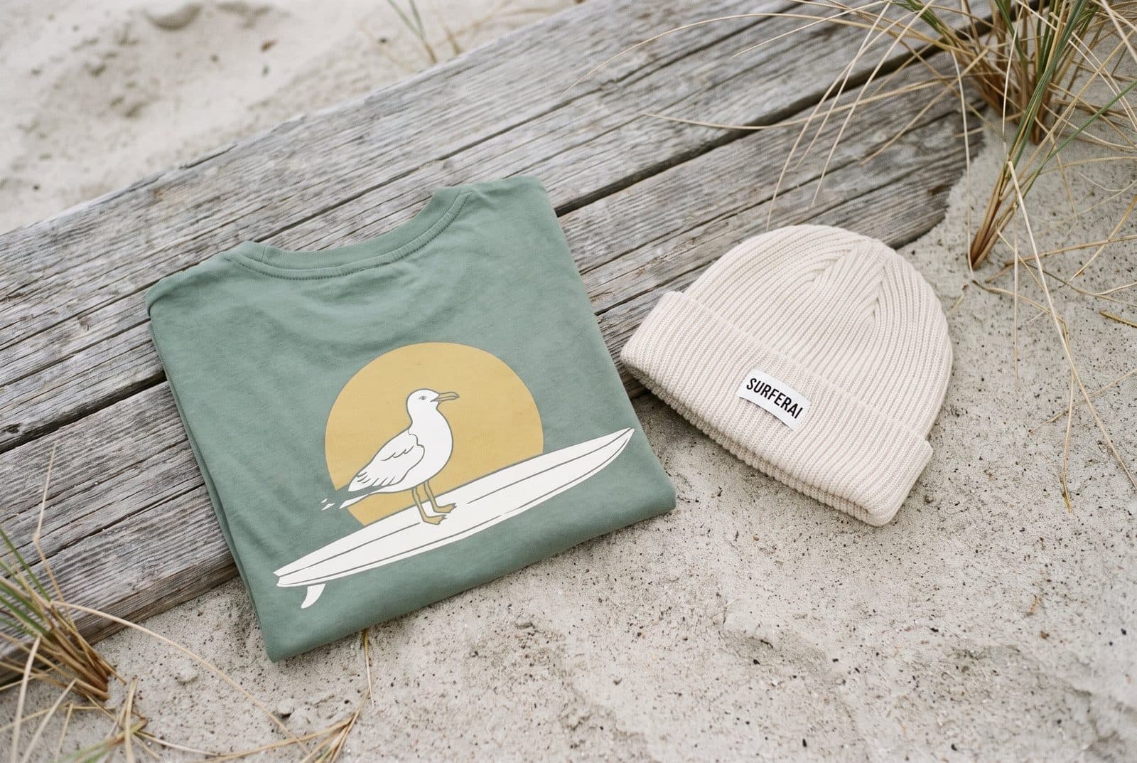 SurferAI-T-Shirt und Beanie auf Treibholz am Strand